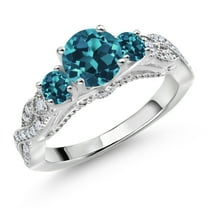 Gem Stone King 925 Sterling Silver London Blue Topaz and White Moissanite Engagement Ring for Women (1.63 Cttw, Gemstone November Birthstone, Round 6MM and 3MM, Size 8)