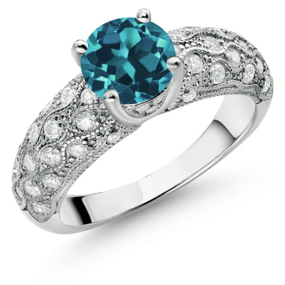 Gem Stone King 925 Sterling Silver London Blue Topaz and White Moissanite Engagement Ring for Women (2.04 Cttw, Round 7MM, Gemstone November Birthstone, Size 5)