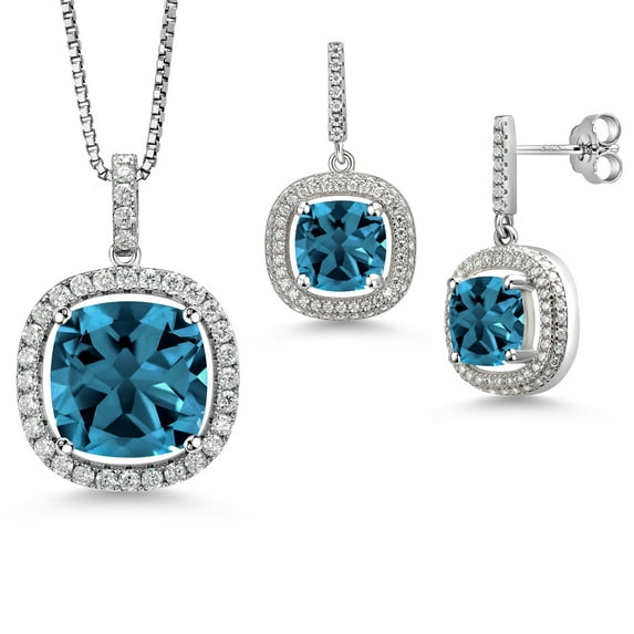 Gem Stone King 925 Sterling Silver London Blue Topaz and White Moissanite Pendant Earrings Set for Women (19.48 Cttw, Gemstone November Birthstone, Cushion Cut 14MM and 8MM, with 18 inch Chain)