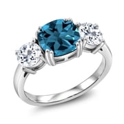 Gem Stone King 925 Sterling Silver London Blue Topaz and White Topaz 3 Stone Engagement Ring for Women 3.85 Cttw, Gemstone November Birthstone, Cushion 8MM, Size 8