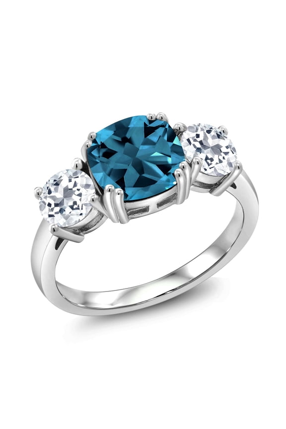 925 Sterling Silver London Blue Topaz and White Topaz 3 Stone Engagement Ring for Women (3.85 Cttw, Gemstone November Birthstone, Cushion 8MM, Size 9)