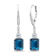 Gem Stone King 925 Sterling Silver London Blue Topaz and White Topaz Dangle Earrings for Women 6.08 Cttw, Gemstone November Birthstone, Emerald Cut 9X7MM