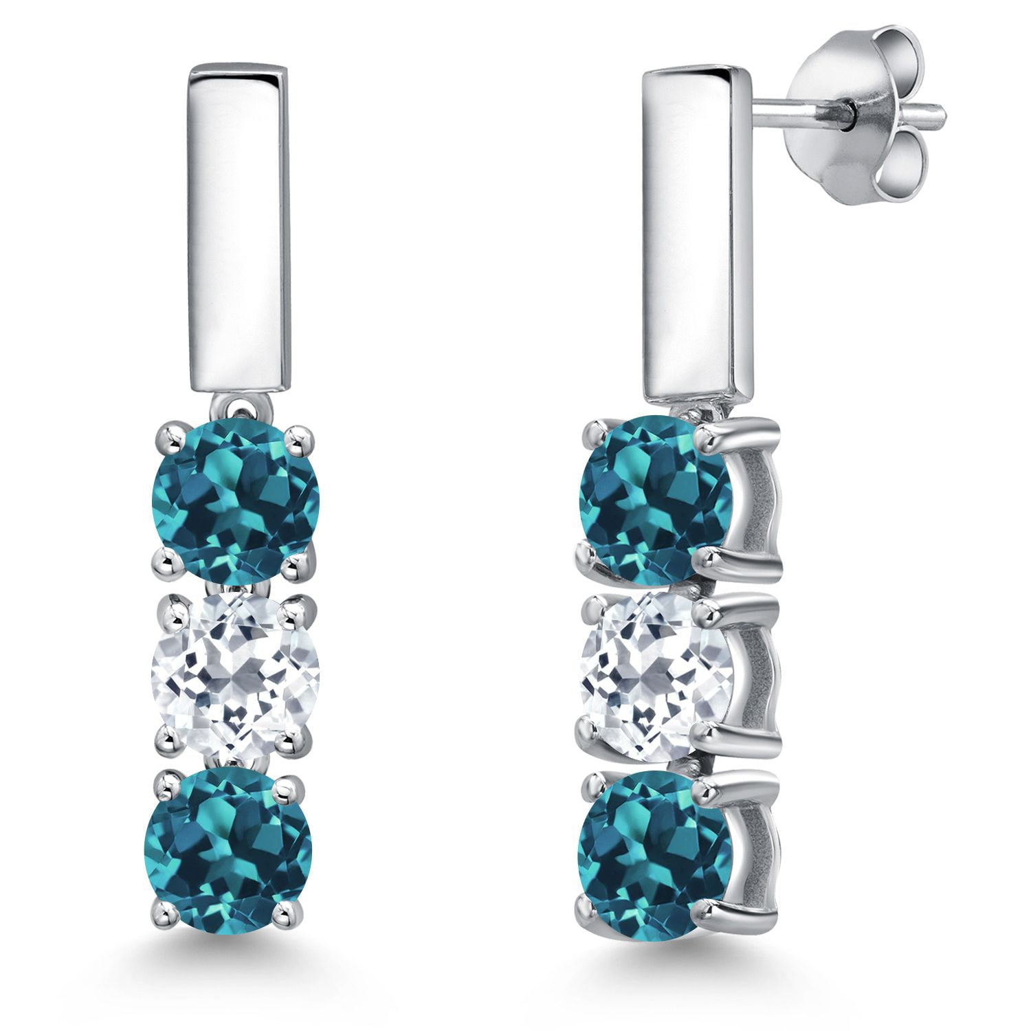 GEM STONE KING 925 Sterling Silver London Blue Topaz and White Topaz Drop Dangle Earrings for Women | 2.00 Cttw | Gemstone November Birthstone | Round 5MM