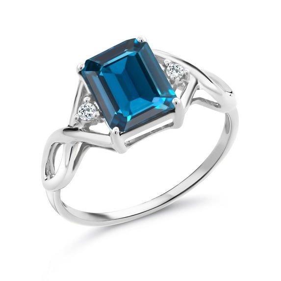 Gem Stone King 2.75 Cttw London Blue Topaz and White Topaz Engagement Ring for Women | 925 Sterling Silver | Emerald Cut 9X7MM | Wedding Engagement Anniversary Promise Ring for Women | Size 9