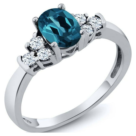 Gem Stone King 925 Sterling Silver London Blue Topaz and White Topaz Ring for Women (0.79 Cttw, Oval 6X4MM, Gemstone Birthstone, Available in Size 5, 6, 7, 8, 9)