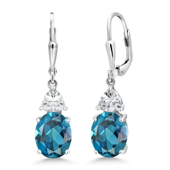 Gem Stone King 5.60 Cttw London Blue Topaz and White Zirconia Dangle Earrings for Women | 925 Sterling Silver | Gemstone November Birthstone | Oval 10X8MM and Trillion 5MM