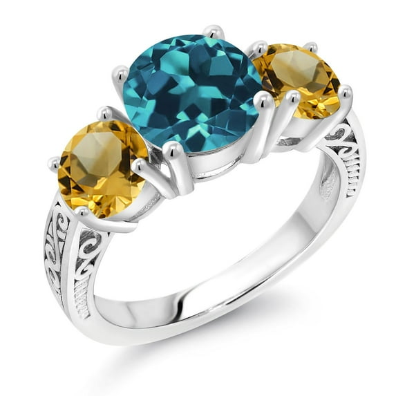Gem Stone King 4.10 Cttw London Blue Topaz and Yellow Citrine 3-Stone Women Ring | 925 Sterling Silver | Round Gemstone Birthstone | Three Stone Wedding Engagement Anniversary Promise Ring | Size 9