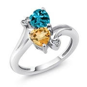 GEM STONE KING 925 Sterling Silver London Blue Topaz Yellow Citrine and White Moissanite Ring for Women (1.63 Cttw, Heart Shape 6MM, Gemstone November Birthstone, Available in Size 5, 6, 7, 8, 9)