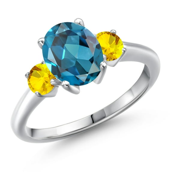 Gem Stone King 925 Sterling Silver London Blue Topaz and Yellow Sapphire Engagement Ring for Women | 2.97 Cttw | Oval 9X7MM | Gemstone November Birthstone | Size 7