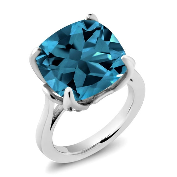 Gem Stone King 925 Sterling Silver London Blue Topaz and White Topaz Engagement Ring for Women (13.10 Cttw, 14MM Cushion, Size 7)