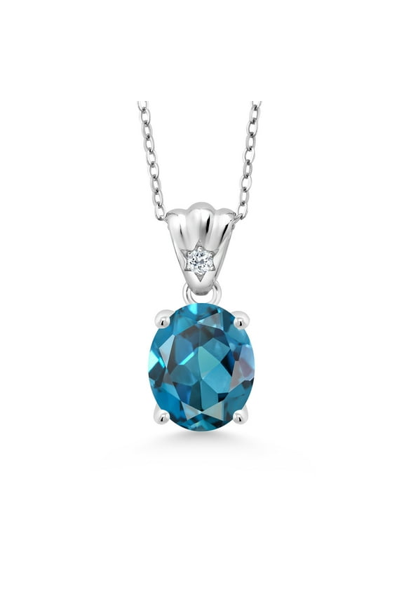 925 Sterling Silver London Blue Topaz and White Topaz Pendant Necklace for Women (4.24 Ct Oval 11X9MM with 18 inch Silver Chain)