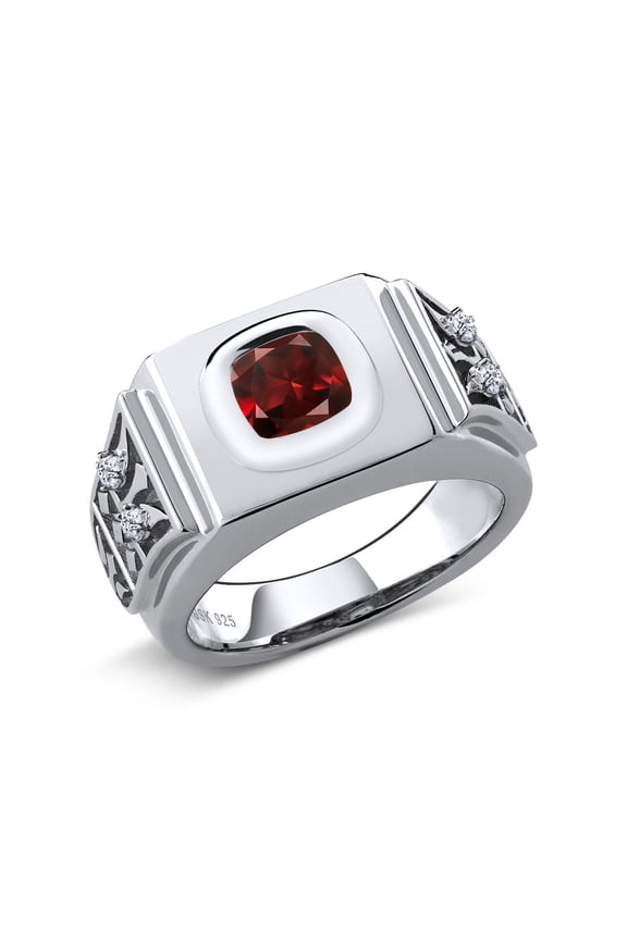 925 Sterling Silver Men's Cushion Red Garnet and White Topaz Ring (2.78 Cttw, Size 11)