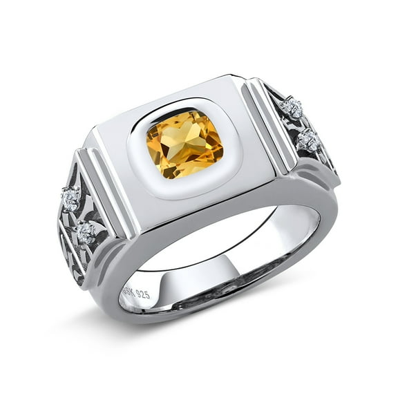 Gem Stone King 925 Sterling Silver Men's Ring Cushion Yellow Citrine and Moissanite (2.03 Cttw, Size 12)