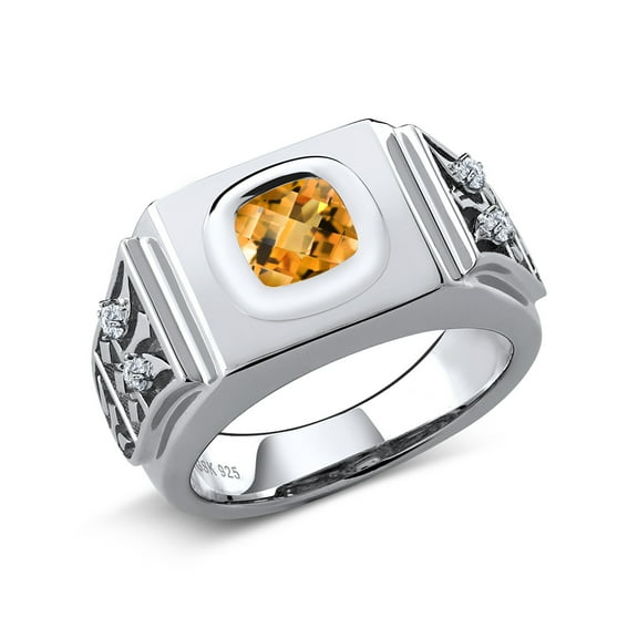 Gem Stone King 925 Sterling Silver Men's Ring Cushion Checkerboard Yellow Citrine and Moissanite (2.03 Cttw, Size 12)