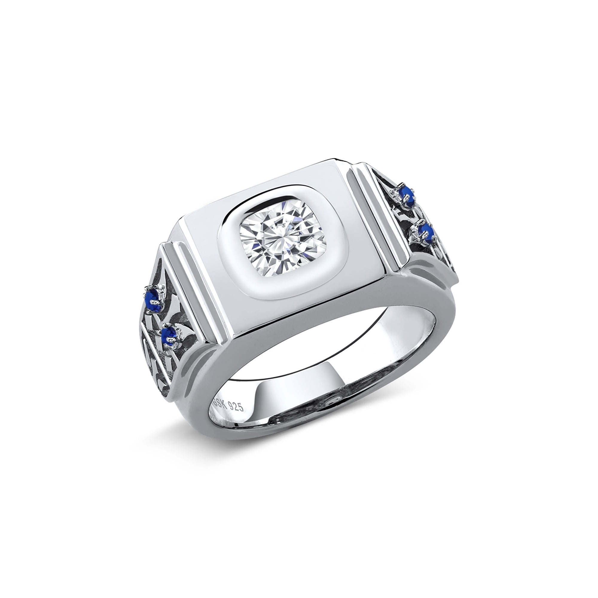 Gem Stone King 925 Sterling Silver Men's Ring Forever Classic Cushion  1.74cttw Moissanite by Charles & Colvard and Created Sapphire 