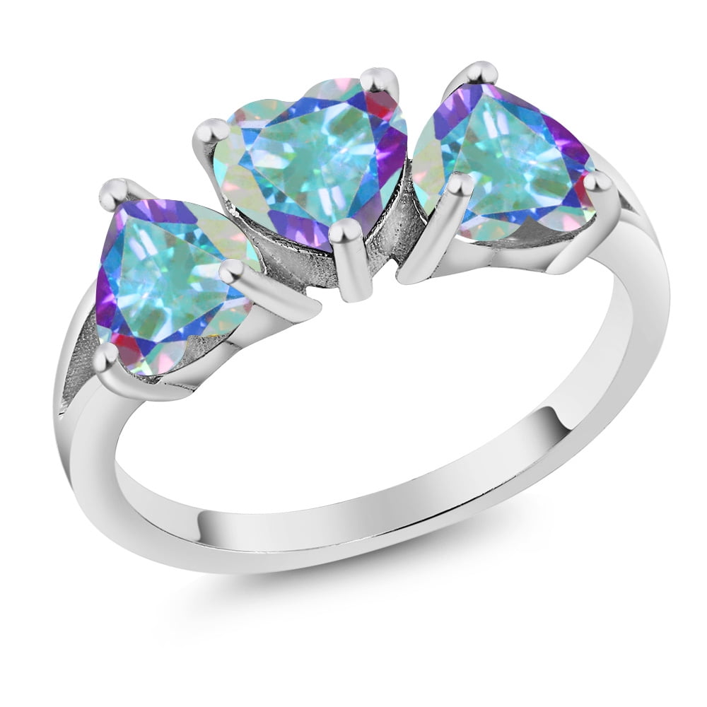 Gem Stone King 925 Sterling Silver Mercury Mist Mystic Topaz 3-Stone Ring for Women | 2.85 Cttw | Heart Shape 6MM | Available in Size 5, 6, 7, 8, 9