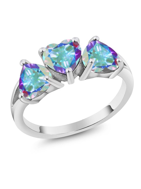925 Sterling Silver Mercury Mist Mystic Topaz 3-Stone Ring for Women | 2.85 Cttw | Heart Shape 6MM | Available in Size 5, 6, 7, 8, 9