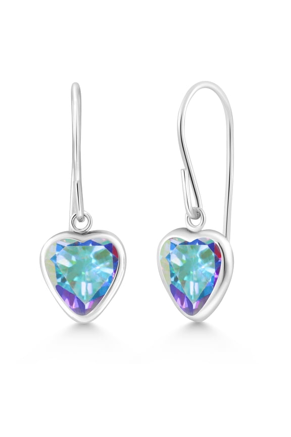 925 Sterling Silver Mercury Mist Mystic Topaz French Wire Dangle Hook Earrings for Women (2.00 Cttw, Gemstone Birthstone, Heart Shape 6MM)