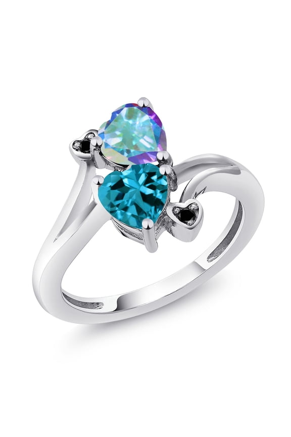 925 Sterling Silver Mercury Mist Mystic Topaz London Blue Topaz and Black Diamond Ring for Women (1.98 Cttw, Heart Shape 6MM, Gemstone Birthstone, Size 5)
