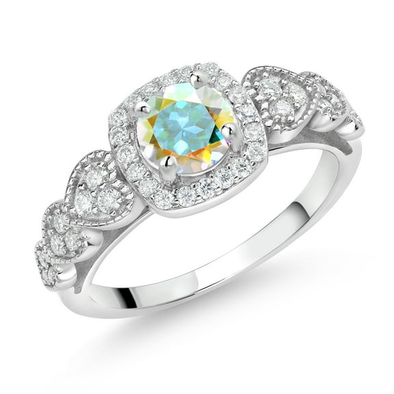 Gem Stone King 925 Sterling Silver Mercury Mist Mystic Topaz and White Moissanite Engagement Ring for Women (1.38 Cttw, Round 6MM, Gemstone Birthstone, Size 9)