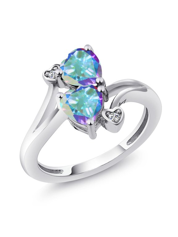 925 Sterling Silver Mercury Mist Mystic Topaz and White Moissanite Ring for Women (2.03 Cttw, Heart Shape 6MM, Gemstone Birthstone, Available in Size 5, 6, 7, 8, 9)