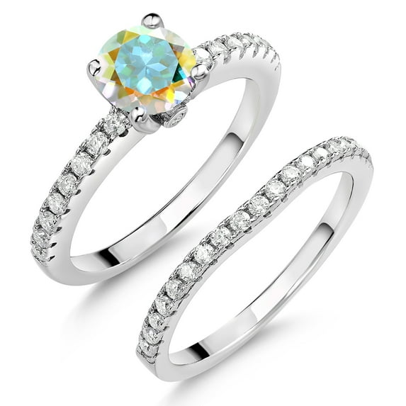 Gem Stone King 925 Sterling Silver Mercury Mist Mystic Topaz and White Moissanite Wedding Engagement Band Bridal Set Ring for Women (1.49 Cttw, Gemstone, Available in Size 5, 6, 7, 8, 9)