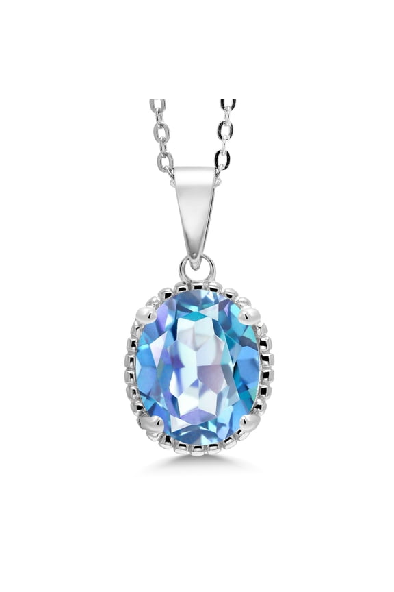 925 Sterling Silver Millennium Blue Mystic Quartz Pendant Necklace for Women (3.60 Cttw, Oval 11X9MM, Gemstone Birthstone, with 18 inch Silver Chain)