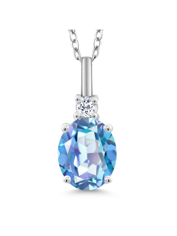 2.38 Cttw Millennium Blue Mystic Quartz and White Topaz Pendant Necklace for Women | 925 Sterling Silver | Gemstone Birthstone | Oval 9X7MM | With 18 inch Silver Chain
