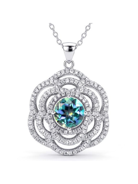 925 Sterling Silver Millennium Blue Mystic Topaz and White Zirconia Pendant Necklace for Women | 3.44 Cttw | Gemstone November Birthstone | Round 8MM | With 18 inch Chain