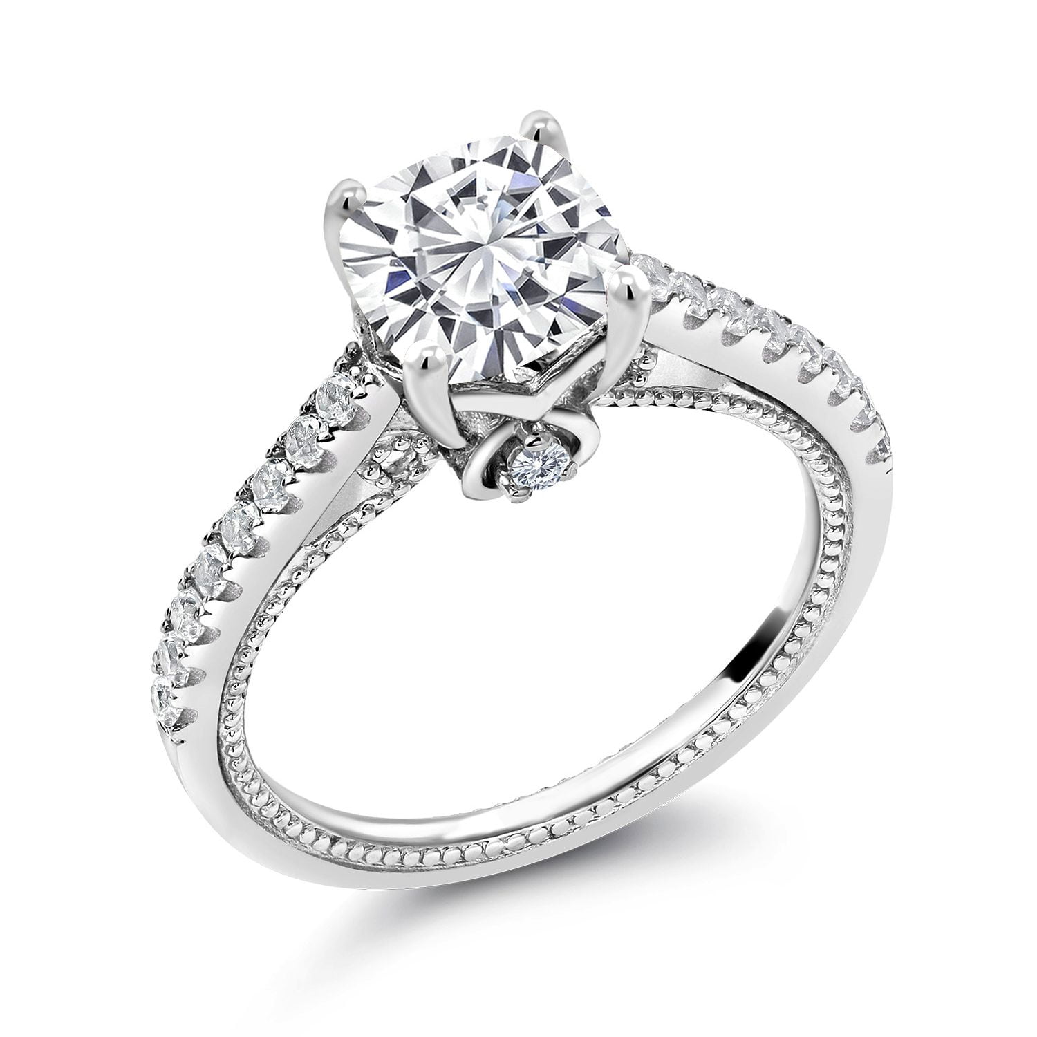 Gem Stone King 2.00 Cttw White Moissanite and Created Sapphire Engagement Ring for Women | 925 Sterling Silver | Cushion 7MM | Fine Jewelry Gifts for Her Mom Women Wife (Size 8)