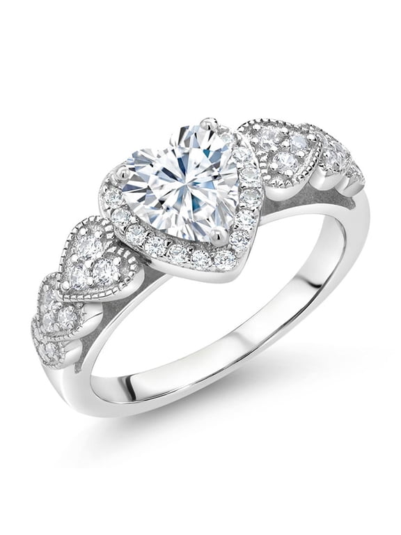 925 Sterling Silver Moissanite Heart Shape Ring for Women (1.23 Cttw, Available in Size 5, 6, 7, 8, 9)
