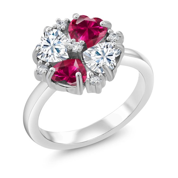 Gem Stone King 925 Sterling Silver Moissanite and Red Created Ruby Ring for Women (2.28 Cttw, Heart Shape 5MM, Gemstone Birthstone, Size 6)