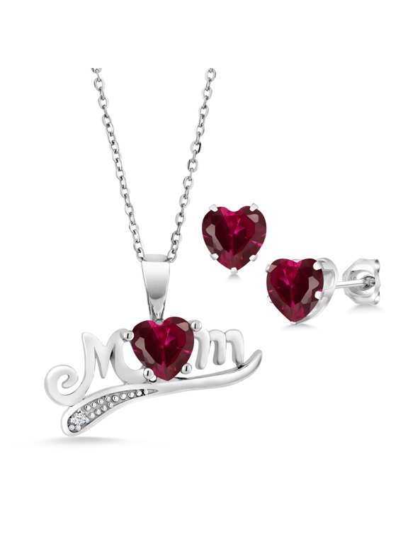 925 Sterling Silver `Mom` 1.81 Ct Heart Shape Created Ruby Pendant and Earrings Jewelry Set