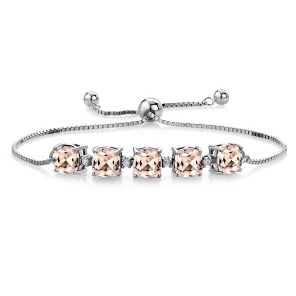 Gem Stone King 925 Sterling Silver Morganite Peach and White Lab Grown Diamond Tennis Bracelet for Women (4.16 Cttw, Cushion 6MM, Gemstone Birthstone, Fully Adjustable up to 9 inch)