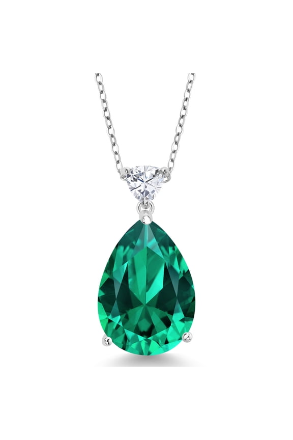 925 Sterling Silver Nano Emerald and White Moissanite Pendant Necklace for Women | Pear Shape 18X13MM | 9.72 Cttw | With 18 inch Chain