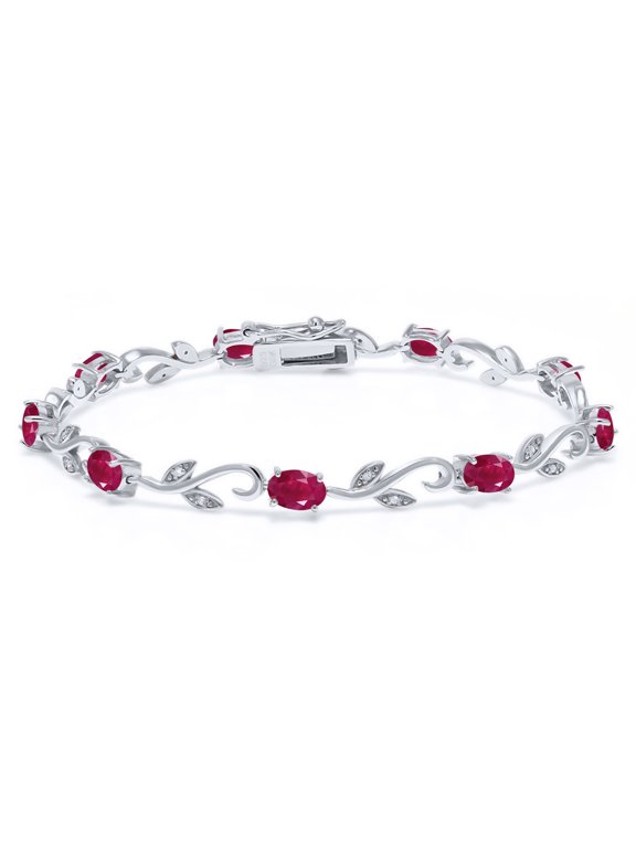 925 Sterling Silver Natural Red Ruby and Diamond Greek Vine Tennis Bracelet for Women (5.53 Cttw, Gemstone Birthstone, Oval 6X4MM, 7 inch)