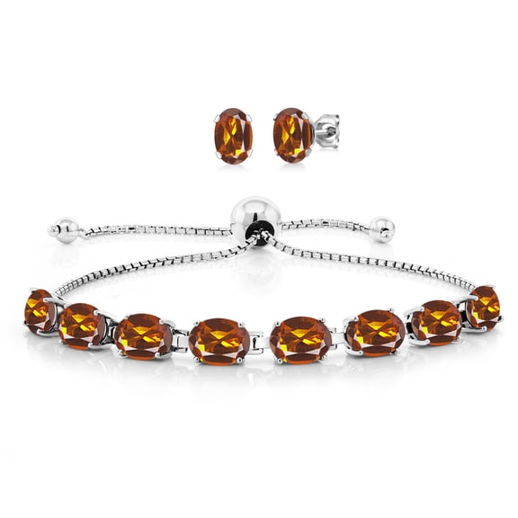 Gem Stone King 925 Sterling Silver Orange Red Madeira Citrine Bracelet and Earrings Jewelry Set for Women (7.00 Cttw, Gemstone November Birthstone, Oval 7X5MM, Fully Adjustable up to 9 inch)