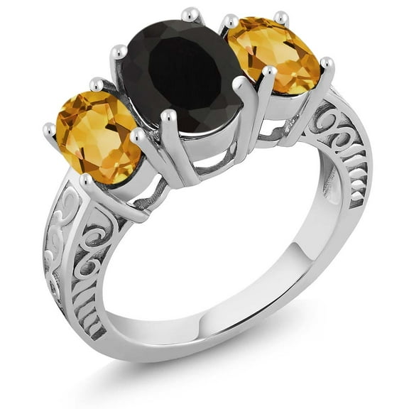 Gem Stone King 925 Sterling Silver Oval Black Onyx and Yellow Citrine 3-Stone Ring for Women (3.20 Cttw, Gemstone Birthstone, Size 5)