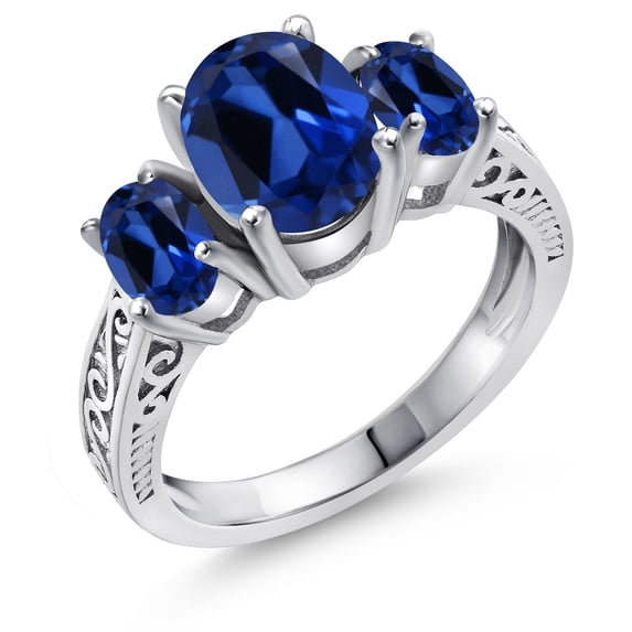 Gem Stone King 925 Sterling Silver Oval Blue Created Sapphire 3 Stone Engagement Ring for Women (3.51 Cttw, Available in Size 5, 6, 7, 8, 9)