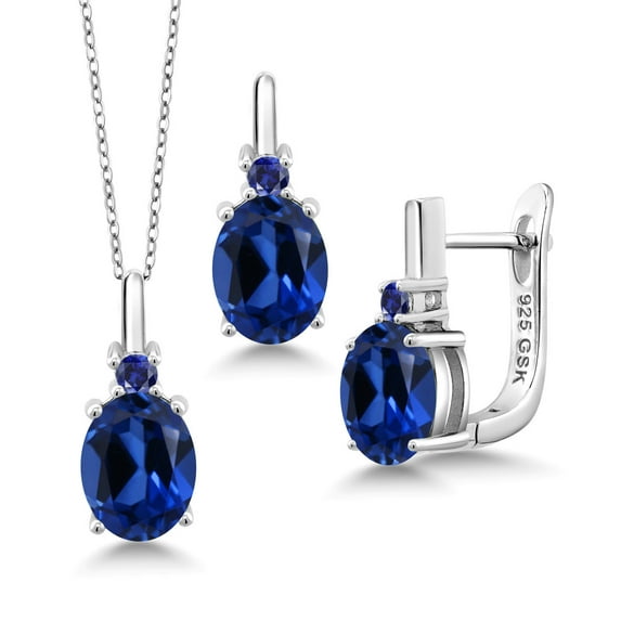 Gem Stone King 925 Sterling Silver Oval Blue Created Sapphire Pendant Earrings Set for Women (6.95 Cttw, with 18 inch Chain)