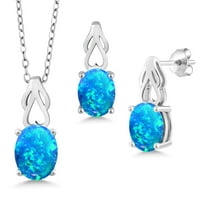 Gem Stone King 925 Sterling Silver Oval Blue Opal Pendant and Earrings Jewelry Set for Women | 1.68 Cttw | Oval 9X7 | Gemstone October Birthstone | with 18 inch Chain
