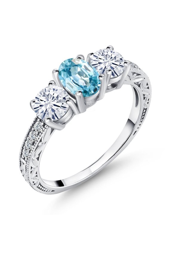 925 Sterling Silver Oval Blue Zircon and White Moissanite 3-Stone Ring | 2.37 Cttw | Oval 7X5MM and Round 5MM | Available in Size 5, 6, 7, 8, 9