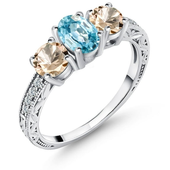 Gem Stone King 925 Sterling Silver Oval Blue Zircon and Peach Morganite Ring for Women (2.12 Cttw, Size 5)