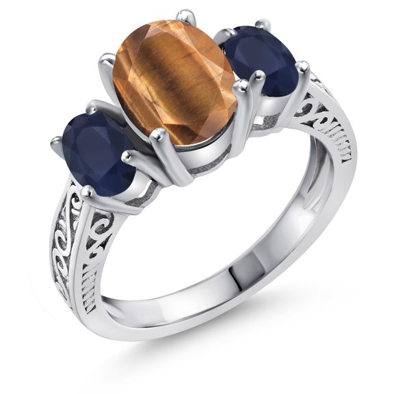 Gem Stone King 925 Sterling Silver Oval Brown Tiger Eye and Blue Sapphire Ring for Women (2.61 Cttw, Gemstone Birthstone, Size 5)