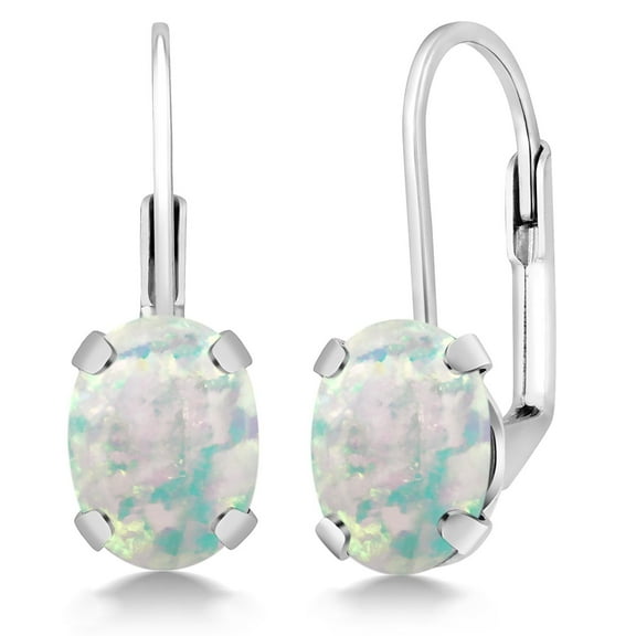 Gem Stone King 925 Sterling Silver Oval Cabochon White Simulated Opal Earrings for Women (2.10 Cttw, Oval 8X6MM)