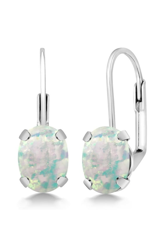 925 Sterling Silver Oval Cabochon White Simulated Opal Earrings for Women (2.10 Cttw, Oval 8X6MM)