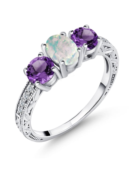 925 Sterling Silver Oval Cabochon White Simulated Opal and Purple Amethyst Ring for Women (1.65 Cttw, Gemstone Birthstone, Available in Size 5, 6, 7, 8, 9)