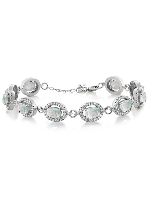 925 Sterling Silver White Simulated Opal Tennis Bracelet for Women (9.18 Cttw, Gemstone October Birthstone, Oval Cabochon 7X5MM, 7.5 inch)