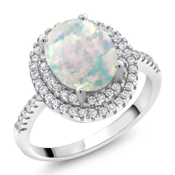 Gem Stone King 925 Sterling Silver Oval Cabochon White Simulated Opal and White Moissanite Halo Engagement Ring for Women (1.43 Cttw) | Size 9