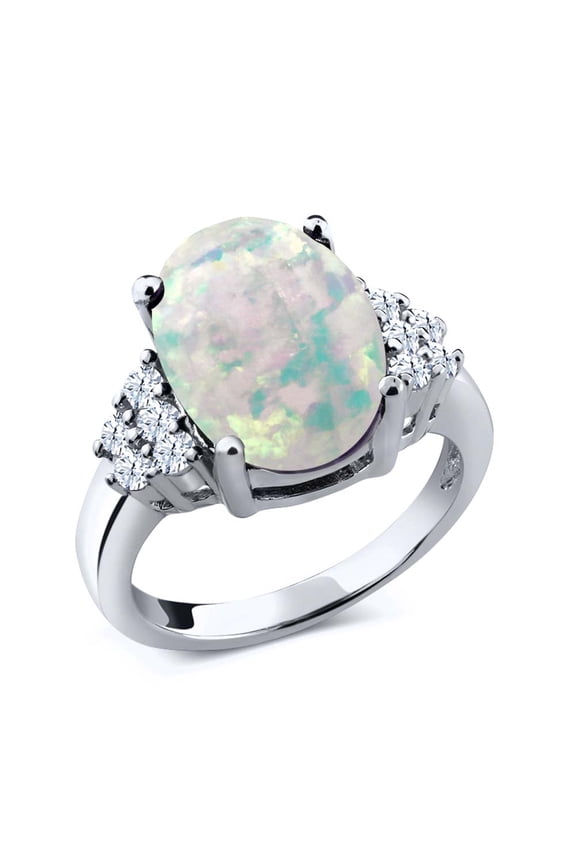 4.30 Cttw Oval Cabochon White Simulated Opal Women Ring | 925 Sterling Silver | Oval 12X10MM | Gemstone Birthstone | Wedding Engagement Anniversary Promise Ring for Women | Size 7